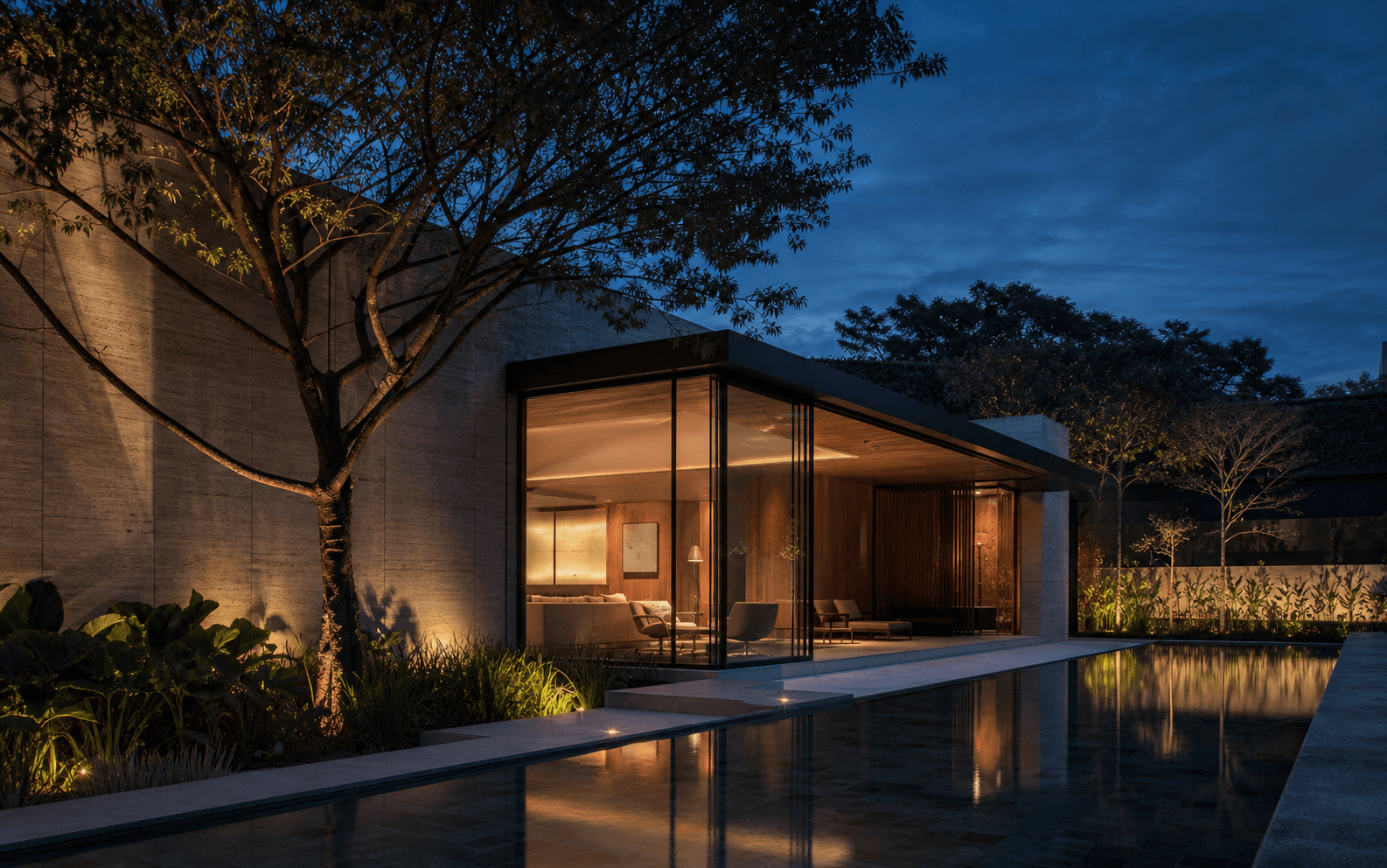 Residência contemporânea de alto padrão ao anoitecer